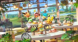  :3 :d absurdres blush blush_stickers ceiling_light chair chalkboard character-themed_food closed_eyes closed_mouth clothed_pokemon eevee food fuecoco furret goomy hanging_plant hat highres incredibly_absurdres indoors no_humans official_art on_stool one_eye_closed open_mouth pink_eyes plant pokemon pokemon_(creature) pokemon_cafe_remix pokemon_focus potted_plant quaxly red_hat smile sparkle sprigatito starter_pokemon_trio stool table third-party_source tooth yamamoto_hiroyuki yamper 