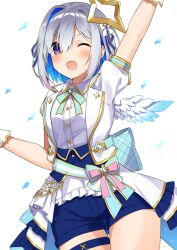  1girl amane_kanata aqua_bow aqua_bowtie back_bow blue_hair blue_shorts bow bowtie collared_shirt colored_inner_hair commentary_request confetti fragir frills gold_trim grey_hair hair_ornament halo highres hololive hololive_idol_uniform_(bright) jacket multicolored_hair official_alternate_costume one_eye_closed pink_hair plaid_bow puffy_short_sleeves puffy_sleeves shirt short_sleeves shorts single_hair_intake solo star_halo streaked_hair thigh_strap virtual_youtuber white_background white_jacket white_shirt yellow_halo 