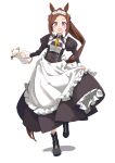  1girl :d alternate_costume animal_ears apron blush boots brown_hair commentary enmaided full_body highres horse_ears horse_girl long_hair long_sleeves looking_at_viewer maid maid_headdress pitcher_(container) ponytail sakura_bakushin_o_(umamusume) simple_background skirt_hold smile solo standing standing_on_one_leg totomono umamusume violet_eyes waist_apron white_background 