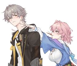  1boy 1girl arms_up black_coat black_gloves blue_eyes blue_jacket breasts buttons caelus_(honkai:_star_rail) closed_mouth clothes_around_waist coat collared_shirt fingernails flower flower_ornament food food_in_mouth from_side gloves grey_hair hair_between_eyes honkai:_star_rail honkai_(series) hood hooded_coat jacket lapels large_breasts long_sleeves looking_at_another looking_back march_7th_(honkai:_star_rail) march_7th_(preservation)_(honkai:_star_rail) multicolored_eyes open_clothes open_coat partially_fingerless_gloves pink_hair pocky pocky_day pocky_in_mouth puffy_long_sleeves puffy_sleeves purple_pupils shirt short_hair sidelocks simple_background single_glove smile t-shirt tassel tied_jacket trailblazer_(honkai:_star_rail) two-sided_coat two-sided_fabric upper_body violet_eyes white_background white_flower white_shirt yellow_coat yellow_eyes yugi_hearts077 