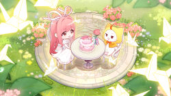  1girl animal antenna_hair artist_request birthday_cake bow bowtie brown_eyes cake cat chair chibi cloak clothed_animal collared_dress commentary day dot_nose dress ear_covers english_commentary food frilled_dress frilled_sleeves frills garden grass hair_ribbon hands_on_lap happy high_collar highres hood hood_up hooded_cloak juliet_sleeves light_particles long_dress long_hair long_sidelocks long_sleeves looking_at_animal momo_(nikki) navel nikki_(nikki) nikki_(series) official_art on_chair open_mouth origami outdoors outline paper_crane pink_hair pink_ribbon puffy_sleeves red_bow red_bowtie ribbon second-party_source shining_nikki sidelocks sitting smile straight_hair tareme traditional_bowtie vase very_long_hair whiskers white_cat white_dress white_ribbon yellow_cloak yellow_outline 
