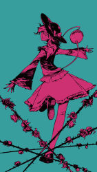  1girl absurdres blouse blue_background bow commentary double-parted_bangs eyeball flat_color floating flower frilled_shirt frilled_shirt_collar frilled_skirt frilled_sleeves frills from_behind full_body hair_between_eyes hat hat_bow hat_ribbon head_tilt highres komeiji_koishi loafers long_sleeves looking_at_viewer looking_back low_block_heels medium_hair messy_hair miniskirt multiple_monochrome open_hands outstretched_hand plant red_flower red_rose ribbon rose running shirt shoes side_part skirt smile solo standing standing_on_one_leg stitched_eye string sun_hat symbol-only_commentary third_eye thorns touhou user_vnsg7377 vines wide_sleeves 