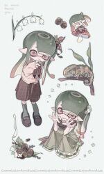  1girl 1n0chi brown_neckerchief brown_scarf brown_shoes brown_skirt cardigan chibi chibi_inset closed_mouth commission dress earrings full_body gradient_hair green_dress green_hair green_socks hair_ornament hair_scrunchie hand_to_own_mouth hand_up heart heart_hands highres inkling inkling_girl inkling_player_character jewelry long_hair long_sleeves looking_at_viewer multicolored_hair multiple_views mushroom neckerchief one_side_up parted_bangs pink_cardigan pink_eyes pink_hair pointy_ears scarf scrunchie shoes sidelocks skirt smile socks splatoon_(series) stud_earrings tentacle_hair white_scrunchie 