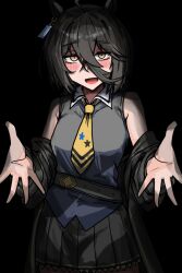  1girl ahoge alternate_hair_length alternate_hairstyle animal_ears belt black_background black_belt black_coat black_skirt blush coat collared_shirt commentary_request ear_ornament ear_tag earrings hair_between_eyes horse_ears horse_girl icey_card jewelry long_hair_between_eyes manhattan_cafe_(creeping_black)_(umamusume) manhattan_cafe_(umamusume) necktie off_shoulder open_mouth pleated_skirt reaching reaching_towards_viewer shirt simple_background single_earring skirt sleeveless sleeveless_shirt smile solo umamusume white_shirt yellow_eyes yellow_necktie 