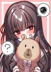  1girl ? animal blush capybara chisa_(wuthering_waves) commentary_request highres holding holding_animal long_hair looking_to_the_side mole mole_under_eye namipon_(wuthering_waves) portrait red_eyes solo spoken_question_mark spoken_squiggle squiggle uissu wuthering_waves 