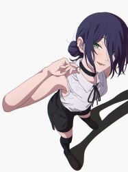  1girl black_choker black_hair black_shorts blush brown_shoes chainsaw_man choker commentary dress_shirt green_eyes hair_between_eyes highres long_hair_between_eyes looking_at_viewer neck_ribbon open_mouth reze_(chainsaw_man) ribbon shadow shirt shoes shorts simple_background sleeveless sleeveless_shirt solo violet_eyes white_background white_shirt yasou0049 
