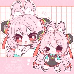  >_o 1girl :3 animal_ear_fluff animal_ear_piercing animal_ears animal_feet blush braid braided_twintails bright_pupils checkered_background closed_mouth commentary_request full_body furry furry_female green_shirt hands_up heart highres long_hair looking_at_viewer maiya0413_t multiple_views notice_lines one_eye_closed open_mouth pink_background pink_fur pink_hair rabbit_ears rabbit_girl red_eyes screw shirt short_eyebrows thick_eyebrows two-tone_background white_background white_pupils zenless_zone_zero zhao_(zenless_zone_zero) 