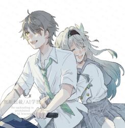  1boy 1girl bicycle blush bow bowtie brown_hairband buttons caelus_(honkai:_star_rail) collared_shirt commentary_request diagonal-striped_clothes diagonal-striped_necktie double-breasted firefly_(honkai:_star_rail) firefly_(spring_missive)_(honkai:_star_rail) gradient_hair green_bow green_bowtie green_necktie grey_hair grey_sailor_collar grey_skirt hair_between_eyes hair_intakes hair_ornament hairband honkai:_star_rail honkai_(series) hug hug_from_behind long_hair multicolored_hair necktie open_mouth pleated_skirt riding riding_bicycle sailor_collar shirt short_hair skirt smile striped_clothes tai3_31 teeth trailblazer_(honkai:_star_rail) upper_teeth_only white_shirt yellow_eyes 