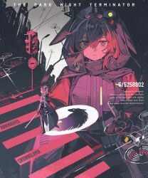  1girl animal_ears arknights black_coat black_gloves cityscape coat crosswalk crownslayer_(arknights) crownslayer_(the_dark_night_terminator)_(arknights) dopperu_ben drone english_text frown full_body gloves hand_on_hilt highres holding holding_sword holding_weapon hyena_ears looking_at_viewer multiple_views parted_lips puffy_sleeves red_eyes red_hair red_shirt shirt solo spotlight sword traffic_light upper_body weapon 