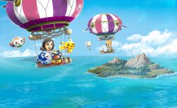  :3 :d absurdres aircraft alolan_vulpix artist_request binoculars black_hair blonde_hair blue_eyes blue_sky blush blush_stickers bright_pupils brown_gloves brown_shirt brown_shorts chibi closed_mouth clouds dark_skin day dot_nose eevee eyelashes flying glasses gloves highres holding holding_binoculars hot_air_balloon island key_visual litten logo long_hair mii_(nintendo) mountain nintendo official_art open_mouth outdoors pikachu pokemon pokemon_(creature) pokemon_rumble pokemon_rumble_rush popplio promotional_art rock round_eyewear rowlet shirt short_hair shorts sky smile spiky_hair standing teeth third-party_source upper_teeth_only water white_pupils 
