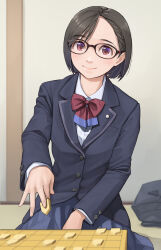  1girl bag blazer board_game bow bowtie brown_hair commentary_request glasses highres holding_shogi_piece jacket long_sleeves original otsu_natsu parted_bangs school_bag shogi sitting skirt smile solo 