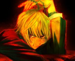  1boy black_background black_jacket blonde_hair blood blood_from_eyes furrowed_brow glaring hair_between_eyes hand_on_own_head hunter_x_hunter jacket jewelry kurapika leeshoon0609 light_frown male_focus multiple_rings red_eyes ring shirt short_hair solo suit_jacket tears white_shirt 