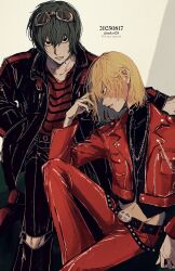  2boys belt belt_buckle black_belt black_hair black_jacket black_pants black_shirt blonde_hair buckle chain chain_necklace cigarette clothing_cutout cropped_jacket cross cross_necklace dated death_note goggles goggles_on_head hair_between_eyes hand_in_own_hair hand_in_pocket highres jacket jewelry leg_cutout light_smile male_focus matt_(death_note) mello_(death_note) midriff multiple_boys navel necklace no_eyebrows noko_(noko1280) pants parted_lips red_jacket red_pants red_shirt scar scar_across_eye scar_on_cheek scar_on_face shirt short_hair smoking striped_clothes striped_shirt studded_belt turtleneck twitter_username 