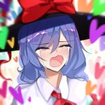  1girl ascot black_headwear blue_hair bow crying hat hat_bow hat_ribbon heart kaliningradg nagae_iku open_mouth portrait red_ascot ribbon shirt solo touhou white_shirt 