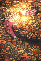  crocodile crocodilian fangs field fire fire_bird_(skeledirge) flower flower_field highres marigold no_humans petite_echorizon pokemon pokemon_(creature) skeledirge skin_fangs solo 