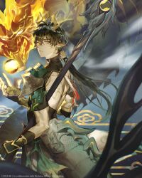  1boy absurdres armor back_cutout black_gloves black_hair black_shirt blurry closed_mouth clothing_cutout commentary cowboy_shot dan_heng_(honkai:_star_rail) dan_heng_(permansor_terrae)_(honkai:_star_rail) dragon dragon_boy dragon_horns dragon_tail earrings eastern_dragon eastern_dragon_horns eastern_dragon_tail english_commentary eyeliner eyeshadow fingerless_gloves floating floating_object from_behind gloves glowing gradient_hair grey_eyes hair_between_eyes hand_up highres holding holding_polearm holding_weapon honkai:_star_rail honkai_(series) horns jewelry kkuekkue_(chifer1958) light_particles long_hair looking_at_viewer looking_back low_ponytail makeup male_focus multicolored_hair orb parted_lips pointy_ears polearm ponytail red_eyeshadow scales shirt short_sleeves shoulder_armor slit_pupils smoke solo spear standing tail tassel toned toned_male turtleneck twitter_username watermark weapon xiangyun 