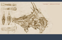  blueprint_(medium) brown_theme commentary concept_art english_commentary english_text eve_online from_side highres letterboxed multiple_views no_humans original outer_ring_excavations_(eve_online) pintoro science_fiction spacecraft vehicle_focus 