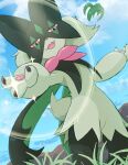  blue_sky claws grass happy highres looking_at_viewer meowscarada no_humans open_mouth outdoors outstretched_arms pokemon pokemon_(creature) rumine_(yoshi1234567) sky smile solo standing 