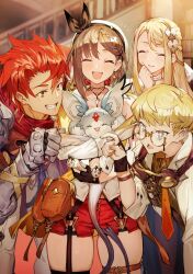  2boys 2girls :d absurdres anniversary atelier_(series) atelier_ryza atelier_ryza_2 beret blonde_hair bracelet brown_eyes brown_gloves brown_hair choker clover_hair_ornament commentary_request earrings fi_(atelier) floating_earrings gauntlets gloves goggles goggles_around_neck gold_hairband hair_ornament hairband hat highres indoors jacket jewelry key key_necklace klaudia_valentz leather leather_gloves lent_marslink long_hair multiple_boys multiple_bracelets multiple_girls necklace official_art partially_fingerless_gloves pouch red_eyes red_hair red_shorts reisalin_stout semi-rimless_eyewear short_hair short_shorts shorts single_thighhigh sleeveless sleeveless_jacket smile star_(symbol) star_choker star_earrings tao_mongarten thigh-highs thigh_pouch thigh_strap toridamono white_hat x_hair_ornament yellow_jacket 