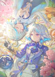  2girls ahoge asymmetrical_gloves black_gloves blue_eyes blue_gemstone blue_hair blue_hat closed_mouth focalors_(genshin_impact) furina_(genshin_impact) gem genshin_impact gloves hair_between_eyes hat hayun heterochromia highres jacket long_hair long_sleeves looking_at_another lying mismatched_gloves mismatched_pupils multicolored_hair multiple_girls on_back open_clothes open_jacket shorts smile top_hat unworn_hat unworn_headwear white_gloves white_hair white_shorts 