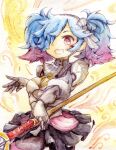  1girl 7mmnote blue_hair fire_emblem fire_emblem_fates hair_ribbon highres holding holding_polearm holding_weapon multicolored_hair open_mouth peri_(fire_emblem) pink_hair polearm red_eyes ribbon short_twintails skirt solo traditional_media turtleneck twintails two-tone_hair upper_body weapon 