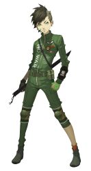  1boy absurdres asymmetrical_clothes belt brown_hair doi_masayuki earrings facial_mark full_body green_eyes highres jewelry knee_pads looking_at_viewer male_focus nanashi_(megami_tensei) official_art shin_megami_tensei shin_megami_tensei_iv_final single_earring solo standing sword tattoo third-party_source transparent_background utility_belt weapon 