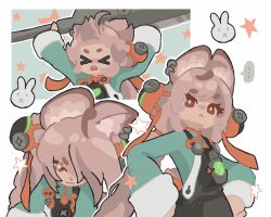  >_< ... 1girl :< animal_ear_fluff animal_ear_piercing animal_ears animal_print arms_up braid braided_twintails bright_pupils closed_mouth commentary daioreulyn english_commentary furry furry_female green_background green_shirt hair_over_one_eye hands_on_own_hips holding holding_sword holding_weapon light_smile looking_at_viewer medallion multiple_views open_mouth pink_fur pink_hair rabbit_ears rabbit_girl rabbit_print red_eyes screw shirt short_eyebrows sparkling_eyes spoken_ellipsis star_(symbol) star_print sword teeth thick_eyebrows upper_body upper_teeth_only weapon white_background white_pupils zenless_zone_zero zhao_(zenless_zone_zero) 