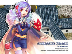  1girl 2004 architecture archived_source artist_name blue_hair blue_kimono blue_sleeves bridal_gauntlets brown_cape cape copyright_name copyright_notice drop_shadow east_asian_architecture fingernails folding_fan game_screenshot_inset h2so4 hair_ornament hair_tubes hand_fan heart heart_hair_ornament holding holding_fan japanese_clothes kimono kimono_dress long_sidelocks lower_teeth_only ninja ninja_(ragnarok_online) obi obiage obijime open_mouth outline pointy_ears ragnarok_online red_eyes ribbon-trimmed_sleeves ribbon_trim sash short_hair_with_long_locks side_slit sidelocks solo strapless_kimono swept_bangs teeth thigh-highs tile_roof tongue tree web_address white_outline white_thighhighs 