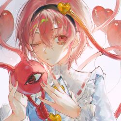  1girl balloon blue_shirt closed_mouth commentary expressionless frills hair_between_eyes hairband hashtag-only_commentary heart_balloon highres keikeikeicha komeiji_satori long_sleeves looking_at_viewer nail_polish one_eye_closed pink_eyes pink_hair pink_nails shirt short_hair solo symbol-only_commentary third_eye touhou upper_body 