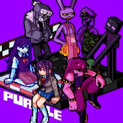  1other 3boys 3girls 9aaaalt29 ankle_boots arm_at_side arm_support armlet bare_arms bare_shoulders black_boots black_eyes black_pants black_sclera black_shirt blank_eyes blazer blue_skirt boots bracelet bright_pupils brown_jacket brown_skirt checkered_floor clenched_teeth closed_mouth collared_shirt color_connection colored_sclera colored_shoe_soles colored_skin colored_teeth commentary covered_eyes crossover deltarune doki_doki_literature_club doki_doki_literature_club_school_uniform dot_nose double-parted_bangs enderman english_text fewer_digits five_nights_at_freddy's freckles friday_night_funkin' frown full_body fur-trimmed_jacket fur_trim furry furry_female furry_male gloves grass hair_behind_ear hair_between_eyes hair_ornament hair_over_eyes hand_on_own_hip hand_on_own_knee hands_in_pockets hat highres holding_grass jacket jax_(the_amazing_digital_circus) jewelry jitome kneehighs long_hair long_sidelocks long_sleeves looking_at_another looking_at_viewer mari_(headspace)_(omori) mari_(omori) medium_skirt miniskirt multiple_boys multiple_crossover multiple_girls neck_ribbon neckerchief omori open_clothes open_jacket overalls pants picnic_blanket pink_overalls pink_pants pink_skin pleated_skirt puffy_long_sleeves puffy_pants puffy_sleeves purple_hair purple_hat purple_jacket purple_sclera purple_shirt purple_skin purple_sweater_vest purple_theme rabbit_boy red_neckerchief red_ribbon reptile_girl ribbon ruvyzvat_(friday_night_funkin') school_uniform seiza shirt shoes short_sleeves sidelocks sitting skirt smile socks spiked_armlet spiked_bracelet spikes spring_bonnie_(fnaf) standing straight_hair susie_(dark_world)_(deltarune) susie_(deltarune) sweater_vest symbol-only_commentary teeth the_amazing_digital_circus ushanka utdr_(toby_fox) very_long_hair violet_eyes white_eyes white_pupils white_shirt white_shoes white_socks william_afton yellow_gloves yellow_sclera yellow_teeth yuri_(doki_doki_literature_club) 