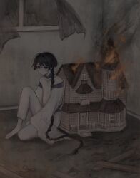  1boy alternate_hair_length alternate_hairstyle barefoot black_hair blunt_ends braid broken_window burning burning_building choppy_bangs closed_mouth clothing_cutout commentary curtains empty_eyes english_commentary eyeliner eyeshadow genshin_impact hair_intakes highres indoors japanese_clothes kariginu kimono knee_up long_hair long_sleeves low-braided_long_hair low-tied_long_hair makeup male_focus mandarin_collar pants plank purple_kimono purple_sleeves red_eyeliner red_eyeshadow scaramouche_(genshin_impact) scaramouche_(kabukimono)_(genshin_impact) shoulder_cutout sitting solo toy_house tsurime violet_eyes white_pants white_sleeves window yoruli_e 