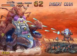  apron blue_hair blue_kimono cosmic_slicer_zer'oll dragon_girl dragon_horns dragon_tail duel_monster fake_screenshot hatano_kiyoshi highres horns japanese_clothes kimono laundry_dragonmaid maid maid_apron metal_slug parody slugnoid tail wa_maid yu-gi-oh! 