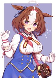  1girl :d @_@ absurdres animal_ears between_breasts breasts brown_hair commentary_request cowboy_shot ear_ribbon flying_sweatdrops gloves hair_between_eyes hairband highres horse_ears horse_girl kinakonato long_sleeves looking_at_viewer medium_hair meisho_doto_(turbulent_blue)_(umamusume) meisho_doto_(umamusume) multicolored_hair open_mouth pink_hairband purple_background simple_background smile solo strap_between_breasts two-tone_hair umamusume violet_eyes white_gloves white_hair 