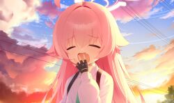  1girl absurdres ahoge aqua_necktie black_gloves blue_archive chcc331899 chinese_commentary closed_eyes clouds cloudy_sky collared_shirt commentary_request covering_own_mouth facing_viewer fang fingerless_gloves gloves hair_between_eyes hair_flaps halo hand_over_own_mouth hand_up highres hoshino_(blue_archive) long_hair long_sleeves making-of_available necktie open_hand open_mouth pink_hair power_lines puffy_long_sleeves puffy_sleeves shirt sidelighting single_tear skin_fang sky solo sunset upper_body white_shirt yawning 