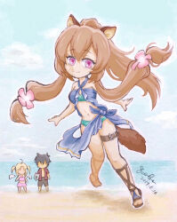  1boy 2girls ahoge animal_ear_fluff animal_ears aqua_bikini arm_shield beach belt bikini black_hair black_shorts blonde_hair blue_bikini blue_sarong blue_sky breasts brown_hair brown_sandals closed_mouth commentary_request dated day deformed eyebrows_hidden_by_hair eyelashes feathered_wings filo_(tate_no_yuusha_no_nariagari) floating_hair flower gladiator_sandals hair_flower hair_ornament iwatani_naofumi legendary_shield_(small_shield)_(tate_no_yuusha_no_nariagari) legendary_shield_(tate_no_yuusha_no_nariagari) long_hair looking_at_viewer medium_hair messy_hair midriff multiple_girls navel ocean official_alternate_costume open_clothes open_shirt pink_bikini pink_eyes pink_flower ponytail raccoon_ears raccoon_girl raccoon_tail raised_eyebrows raphtalia red_shirt saeki_luca_(aka) sandals sarong shirt short_hair short_twintails shorts signature sky small_breasts smile solo_focus straight_hair swimsuit tail tate_no_yuusha_no_nariagari thigh_belt thigh_strap twintails watermark white_wings wings 