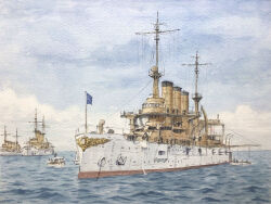  atelier_bono battleship boat clouds cloudy_sky commentary_request highres mast military_vehicle no_humans ocean original painting_(medium) ship ship_turret sky smokestack traditional_media united_states_navy uss_connecticut_(bb-18) warship watercolor_(medium) watercraft 