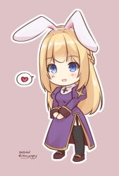  1girl animal_ears black_thighhighs blonde_hair blue_eyes blush braid brown_background brown_shoes chibi chibi_only commentary_request cross cross_necklace dated dress fake_animal_ears full_body garter_straps heart highres jewelry juliet_sleeves long_hair long_sleeves looking_at_viewer necklace open_mouth priest_(ragnarok_online) puffy_sleeves purple_dress rabbit_ears ragnarok_online sakuraji_tomoka shoes side_slit simple_background smile solo spoken_heart standing thigh-highs twitter_username 