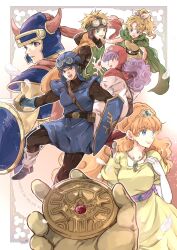  1other 3boys 3girls armor belt black_bodysuit blonde_hair blue_armor blue_eyes blue_gloves blue_hat blue_helmet blue_tunic bodysuit boots bow brother_and_sister cape commentary_request cousins curly_hair dragon_quest dragon_quest_i dragon_quest_ii dragon_quest_iii dress fake_horns falling_feathers feathers gloves goggles goggles_on_headwear green_cape green_tabard hair_bow hat helmet hero_(dq1) hero_(dq3) high_ponytail highres holding holding_shield holding_sword holding_weapon horned_helmet horns in-franchise_crossover isa_(chiyo-s) jewelry long_hair multiple_boys multiple_girls necklace open_mouth orange_cape orange_hair pink_hood ponytail pov pov_hands prince_of_lorasia prince_of_samantoria princess_laura princess_of_moonbrook princess_of_samantoria purple_hair purple_sash red_cape robe roto's_emblem roto_(dq3) sash shield short_hair shoulder_armor siblings sword tabard tiara tunic weapon white_boots white_bow white_feathers white_gloves white_robe yellow_dress yellow_gloves 