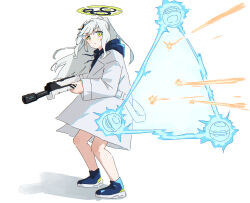  1girl blocking blue_archive blue_hoodie blue_shoes blush_stickers bullpup closed_mouth coat commentary drone energy_barrier from_side full_body green_eyes green_halo gun hair_ornament halo hare_(blue_archive) highres holding holding_gun holding_weapon hood hoodie kel-tec_rfb long_hair long_sleeves projectile_trail rifle shoes sidelocks simple_background solo standing sugidoritos sweatdrop weapon white_background white_coat white_hair 