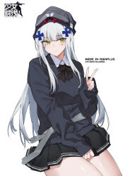  1girl absurdres alternate_costume black_bow black_bowtie black_hat black_jacket black_skirt bow bowtie clukay_(neural_cloud) collared_shirt commentary copyright_logo copyright_name cross_hair_ornament english_text girls'_frontline_neural_cloud girls_frontline green_eyes hair_ornament hat highres hk416_(girls'_frontline) jacket logo long_hair looking_at_viewer pleated_skirt school shirt simple_background skirt solo tattoo teardrop_facial_mark teardrop_tattoo v white_background white_hair white_shirt yu-ting_rainplus 