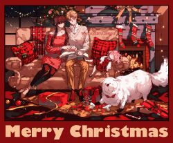  1boy 2girls absurdres anya_(spy_x_family) bare_shoulders black_pantyhose black_shirt blonde_hair bond_(spy_x_family) boots border bow bowtie breasts brown_pants chaoxibumian child christmas christmas_lights christmas_ornaments christmas_present christmas_stocking christmas_tree christmas_wreath closed_eyes collared_shirt commentary_request couch crossed_ankles dated dog dress family fireplace full_body gift grey_sweater hair_between_eyes hair_bun hairband hairpods highres light_blush light_smile long_hair mary_janes medium_breasts medium_hair merry_christmas multiple_girls off-shoulder_dress off-shoulder_shirt off_shoulder pants pantyhose parted_bangs pillow pink_hair print_bow print_bowtie reading red_border red_dress red_eyes ribbon shirt shirt_under_dress shirt_under_sweater shoes short_hair sidelocks sitting sleeping socks spy_x_family sweater sweater_dress twilight_(spy_x_family) updo white_boots white_hairband white_shirt white_socks wreath yor_briar 