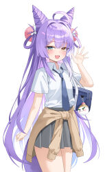  1girl absurdres ahoge blue_eyes cardigan cardigan_around_waist clothes_around_waist commentary_request cone_hair_bun fang fox_girl fox_tail grey_skirt hair_bun hair_ornament hair_rings heterochromia highres korean_commentary long_hair looking_at_viewer loose_necktie muru_(muru_zi) necktie open_mouth pleated_skirt pom_pom_(clothes) pom_pom_hair_ornament purple_hair purple_tail shirt simple_background skirt solo stellive tail tenko_shibuki virtual_youtuber waving white_background white_shirt yellow_eyes 
