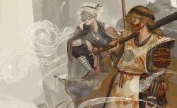  2others absurdly_long_hair adapted_costume androgynous armor black_headband black_kimono black_pants black_ribbon black_socks bracer brown_headband brown_sandals club_(weapon) commentary covered_mouth cowboy_shot dragon_print english_commentary expressionless eye_mask eyelashes fingernails fujiwara_no_iyozane full_body green_hair grey_background grey_mask grin hachimaki hair_ribbon haori hatsburg headband highres holding holding_club holding_weapon jacket jacket_on_shoulders japanese_armor japanese_clothes kariginu kimono knee_up len'en lips long_hair long_sleeves looking_ahead mask mountain mouth_mask multiple_others one_side_up oni_mask other_focus over_shoulder pants pauldrons pointy_ears poleyn print_jacket purple_kimono realistic red_eyes red_mask reversed ribbon sandals sharp_teeth shirt shirt_under_kimono short_kimono shoulder_armor smile socks spiked_club taira_no_fumikado teeth very_long_hair wavy_hair weapon weapon_over_shoulder white_hair white_jacket white_shirt xiangyun zouri 