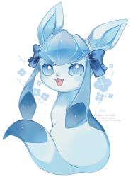  animal_focus blue_eyes blue_ribbon commentary fang glaceon highres iwasi_29 no_humans open_mouth pokemon pokemon_(creature) revision ribbon simple_background sitting smile solo symbol-only_commentary tail white_background 