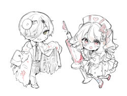  1boy 1girl :d blood blood_on_clothes blush bow brown_eyes brown_hair chibi collared_shirt commentary_request dress fang hair_bow hair_over_one_eye hat head_mirror heart heart-shaped_pupils ikeuchi_tanuma knife lab_coat large_syringe loic_valentz long_sleeves looking_at_viewer necktie nurse nurse_cap open_clothes original oversized_object pants pink_eyes red_shoes shirt shoes simple_background sketch sleeves_past_fingers sleeves_past_wrists smile symbol-shaped_pupils syringe tino_ashberry twintails white_background 