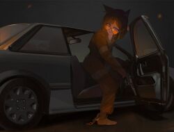  1girl absurdres animal_ears barefoot broken_handcuffs car cat_ears cat_girl coco_(polilla) commentary english_commentary foot_wraps gun highres holding holding_gun holding_weapon looking_at_viewer looking_over_eyewear motor_vehicle nagant_m1895 night polilla polivia prison_clothes revolver single_ankle_cuff sunglasses undershirt weapon 