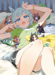  absurdres animal_ears blue_eyes bracelet character_request commentary_request el_condor_pasa_(umamusume) grass_wonder_(umamusume) green_shirt grey_hair hair_ornament highres horse_ears horse_girl horse_tail jewelry king_halo_(umamusume) looking_at_viewer lying mini_person minigirl nishino_flower_(umamusume) on_back on_bed open_mouth pillow school_uniform seiun_sky_(umamusume) shirt short_hair short_shorts short_sleeves shorts stuffed_animal stuffed_fish stuffed_toy t-shirt tail tetra_(ktet4_illu) thighs tracen_school_uniform umamusume 