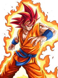  1boy absurdres aura blue_sash commentary cowboy_shot dragon_ball dragon_ball_super dragon_ball_z dragon_ball_z_fukkatsu_no_f english_commentary highres male_focus medium_hair muscular muscular_male orange_pants orange_tunic pants red_eyes red_hair roub3d sash simple_background solo son_goku spiky_hair super_saiyan super_saiyan_god tunic white_background 