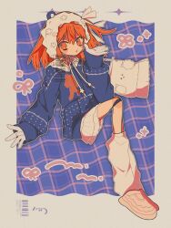  1girl a.i._voice adachi_rei alternate_costume android blue_sweater bonnet full_body hand_up highres joints long_sleeves looking_at_viewer medium_hair miniskirt nasi_(na_si) orange_eyes orange_hair robot_joints skirt sleeves_past_wrists solo sweater utau white_bonnet white_skirt 