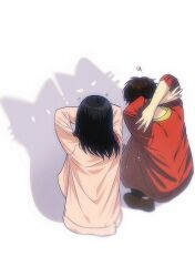  1boy 1girl arms_behind_head black_hair brown_hair cat_shadow_puppet_(meme) chinese_commentary commentary_request eren_yeager highres jacket meme mikasa_ackerman niku_(ni23ku) pink_jacket red_jacket shadow shingeki_no_kyojin squatting squiggle 